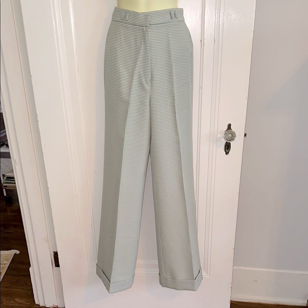 Vintage 70s Tiffany Trousers Green & White Herringbone Wide Leg Cuffed Pants